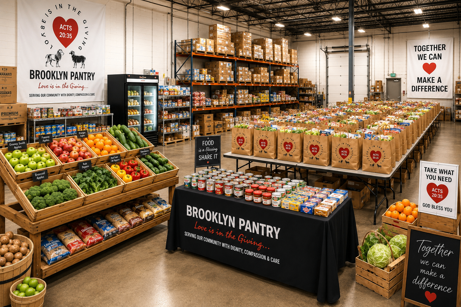 Brooklyn Pantry warehouse stocked with fresh produce, food bags, and community supplies ready for distribution