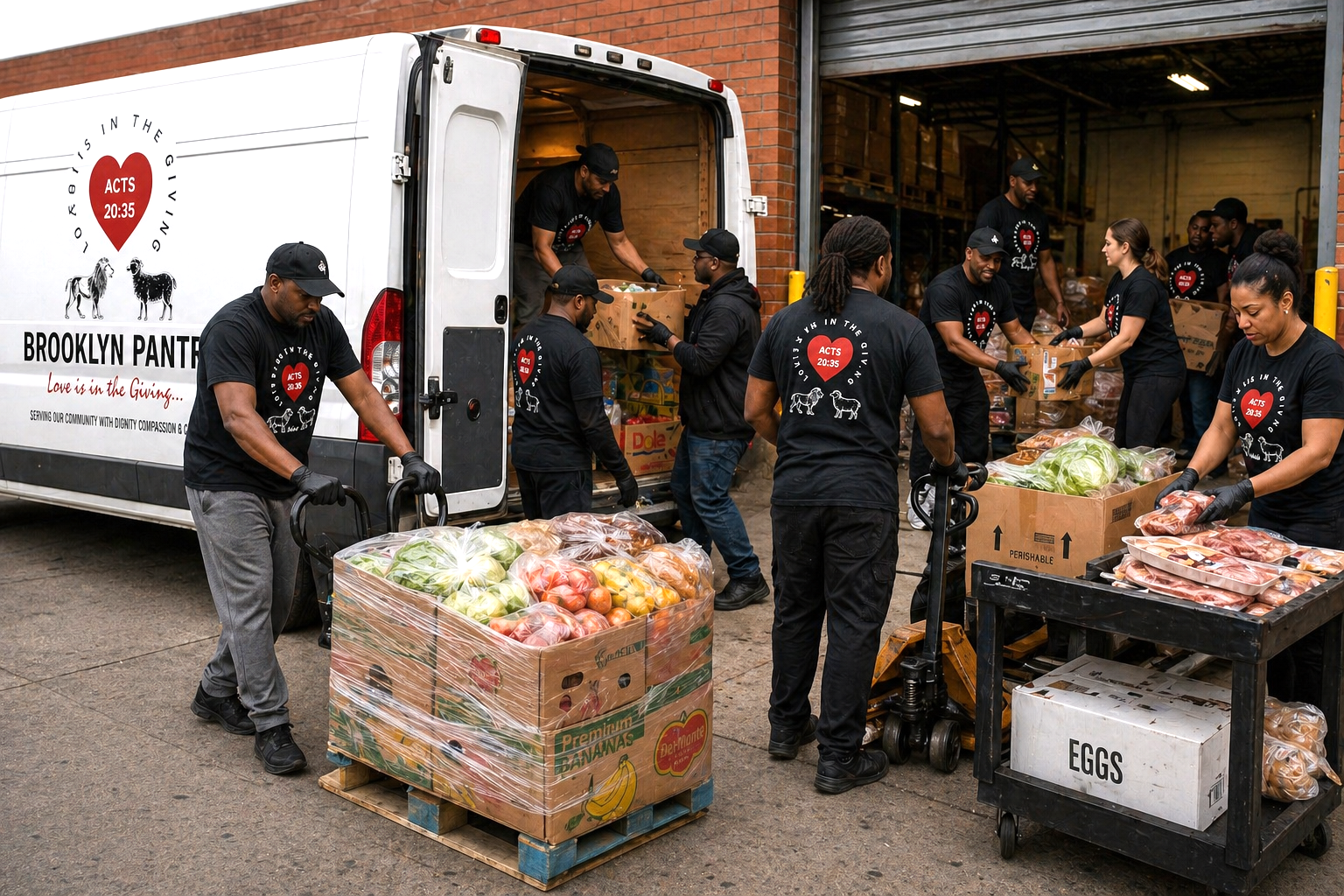 Brooklyn Pantry team unloading fresh produce from the Love is in the Giving van